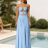 Women Spaghetti Strap Dress Plunging Solid Hollow-Out Dress