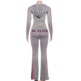 Women Autumn/Winter Zipper Hooded Top and Printed Pants Two-Piece Set