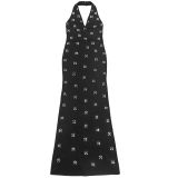 Women Elegant Backless Beaded Halter Neck Dress