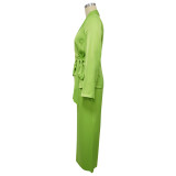 Women Autumn/Winter Solid Turndown Collar Tie-Up Top and Wide-Leg Pants Two-Piece Set