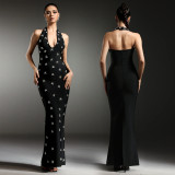 Women Elegant Backless Beaded Halter Neck Dress
