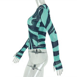 Women Printed Striped T-Shirt Round Neck Long-sleeved Top