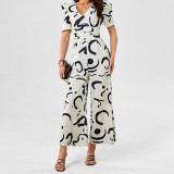 Women Summer Printed V-neck Long Pants Short-sleeved Jumpsuit