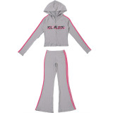 Women Autumn/Winter Zipper Hooded Top and Printed Pants Two-Piece Set