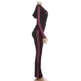 Women Autumn/Winter Zipper Hooded Top and Printed Pants Two-Piece Set