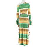 Women Casual Holiday Color-Blocked Slash Shoulder Asymmetrical Top and Skirt Two-Piece Set