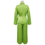 Women Autumn/Winter Solid Turndown Collar Tie-Up Top and Wide-Leg Pants Two-Piece Set