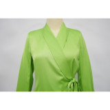 Women Autumn/Winter Solid Turndown Collar Tie-Up Top and Wide-Leg Pants Two-Piece Set