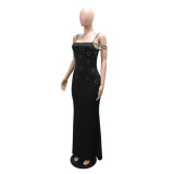 Women Sexy Spaghetti Strap Beaded Party Maxi Dress
