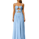 Women Spaghetti Strap Dress Plunging Solid Hollow-Out Dress