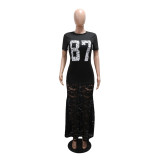 Women Round Neck Print Casual Patchwork Lace Maxi Dress