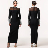 Women High-Neck Long-Sleeved Beaded Dress