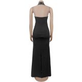 Women Elegant Backless Beaded Halter Neck Dress