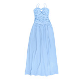 Women Spaghetti Strap Dress Plunging Solid Hollow-Out Dress