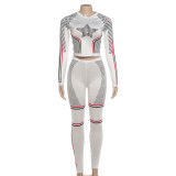 Women Autumn/Winter Stretchy Round Neck Printed Top and Pants Two-Piece Set