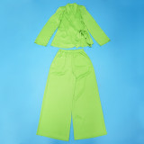 Women Autumn/Winter Solid Turndown Collar Tie-Up Top and Wide-Leg Pants Two-Piece Set