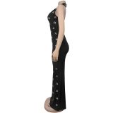Women Elegant Backless Beaded Halter Neck Dress