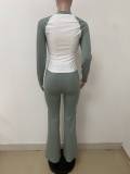 Women Round Neck Patchwork T-Shirt and Bell Bottom Yoga Pants Two-Piece Set