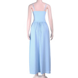 Women Spaghetti Strap Dress Plunging Solid Hollow-Out Dress