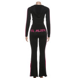Women Autumn/Winter Zipper Hooded Top and Printed Pants Two-Piece Set