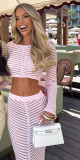 Women Sexy Crop Bodycon Holidays Round Neck Long-sleeved Top and Skirt Two-Piece Set