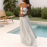 Women Spaghetti Strap Dress Plunging Solid Hollow-Out Dress