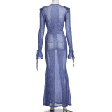 Women Autumn/Winter Solid Multi-Color Flocked Mesh V-Neck Bell Bottom Long-Sleeved Dress