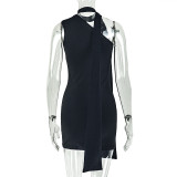 Women Solid Lace-Up Slash Shoulder Sleeveless Bodycon Dress