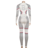 Women Autumn/Winter Stretchy Round Neck Printed Top and Pants Two-Piece Set