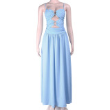 Women Spaghetti Strap Dress Plunging Solid Hollow-Out Dress