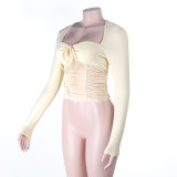 Women Tie-Dye Gathered Long-Sleeved Mesh Top