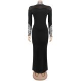 Women High-Neck Long-Sleeved Beaded Dress