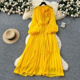 Women French Elegant Beaded Floral Lace-Up Pleated Maxi Dress