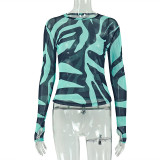 Women Printed Striped T-Shirt Round Neck Long-sleeved Top