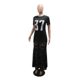 Women Round Neck Print Casual Patchwork Lace Maxi Dress