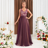 Winter Women's V Neck Double Mesh Long Dress for Dinner & Formal Party Evening Gown