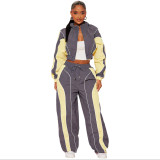Casual Color Block Patchwork Shirred Slim Waist Zip Top Straight Leg Drawstring Pants Two-Piece Set