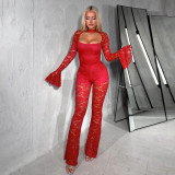 Autumn & Winter Women's Solid Color Sexy Cutout Bell Bottom Long Sleeve Slim Waist Lace Jumpsuit