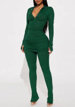 Spring & Autumn Women's Turndown Collar Half Zip Long Sleeve Solid Color Slim Fit Split Hem Pants Set