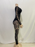 Women's Solid Color Off Shoulder Long Sleeve Cutout Rhinestone High Waist Slim Fit Knitted Jumpsuit