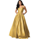 Women's Strap Deep V Neck Long Satin Dress Prom Formal Party Evening Gown