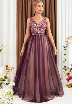 Winter Women's V Neck Double Mesh Long Dress for Dinner & Formal Party Evening Gown