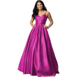 Women's Strap Deep V Neck Long Satin Dress Prom Formal Party Evening Gown