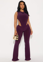 Autumn & Winter Women's Round Neck Cutout Low Back Drawstring Waist Bodysuit High Waist Bell Bottom Pants Set