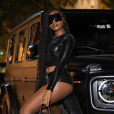 Autumn & Winter Women's Round Neck Shiny Cropped Pullover Open Waist Top Tight SLim Shorts Set