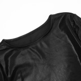 Autumn & Winter Women's Round Neck Shiny Cropped Pullover Open Waist Top Tight SLim Shorts Set