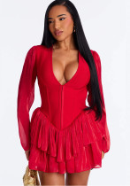 Women's V Neck Slim Waist Ruffle Chic Tiered Mini Dress