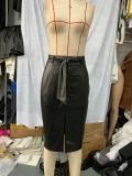 Autumn/Winter Women High-Waist Fashion Belted PU Skirt