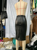 Autumn/Winter Women High-Waist Fashion Belted PU Skirt