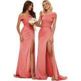 Women's Satin Mermaid Bridesmaid Dress Off Shoulder Split Train Evening Gown